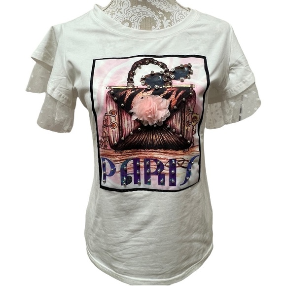 Paris Fashion Boutique Tulle Sleeve White Fitted Graphic Tee, Large…NWOT - Picture 12 of 12